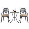 3 Piece Bistro Table Set Cast Aluminum Outdoor Patio Furniture with Umbrella Hole and Grey Cushions for Patio Balcony, Black