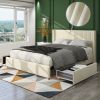 Anna Patented 2-Drawer Storage Bed Queen Size Ivory Velvet Upholstered Wingback Platform Bed, Modern Design Headboard with Tight Channel, Wooden Slat