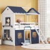 Twin Size Bunk Wood House Bed with Elegant Windows, Sills and Tent, Blue+White