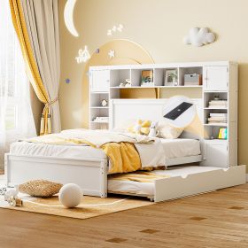 Queen Size Wooden Bed With All-in-One Cabinet, Shelf and Sockets,Twin XL Trundle,White