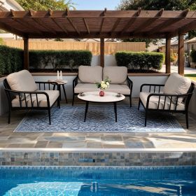 5PC Outdoor Aluminum Patio Furniture,Modern Chat Sofa Conversation Set,Removable Sunbrella Cast Silver Fabric Cushions and Table with White Carrara Ma