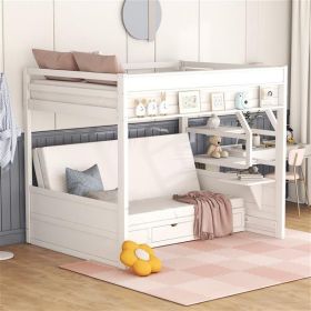 Wood Full Size Convertible Bunk Bed with Storage Staircase, Bedside Table, and 3 Drawers, White