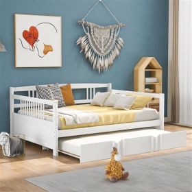 Full Size Daybed Wood Bed with Twin Size Trundle,White