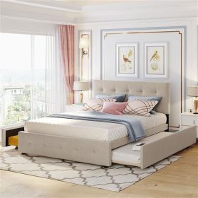 Upholstered Platform Bed with 2 Drawers and 1 Twin XL Trundle, Linen Fabric, Queen Size - Dark Beige