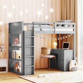 Twin Size Loft Bed with Ladder, Shelves, and Desk, Gray