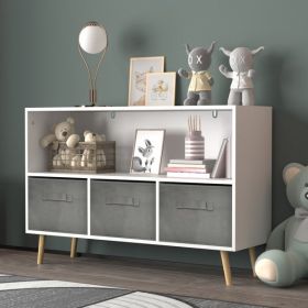 Kids bookcase with Collapsible Fabric Drawers, Children's Book Display, Toy Storage Cabinet Organizer, White+Gray