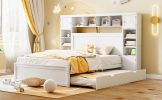 Queen Size Wooden Bed With All-in-One Cabinet, Shelf and Sockets,Twin XL Trundle,White