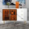 Modern Sideboard MDF Buffet Cabinet Marble Sticker Tabletop and Amber-yellow Tempered Glass Doors with Gold Metal Legs & Handles (White)