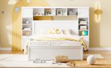 Queen Size Wooden Bed With All-in-One Cabinet, Shelf and Sockets,Twin XL Trundle,White