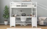 Full Size Loft Bed with U-shaped Desk, Drawers and Storage Shelves, White