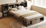 Queen Size Wood Platform Bed with Multi-storage Headboard and a Drawer, Gray