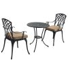 3 Piece Bistro Table Set Cast Aluminum Outdoor Patio Furniture with Umbrella Hole and Grey Cushions for Patio Balcony, Black