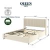 Anna Patented 2-Drawer Storage Bed Queen Size Ivory Velvet Upholstered Wingback Platform Bed, Modern Design Headboard with Tight Channel, Wooden Slat