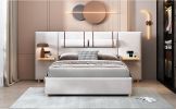 Queen Size Upholstered Platform Bed, Two Outlets and USB Charging Ports on Both Sides, Two Bedside Pillows, Storage Shelves,Velvet, Beige