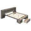 Queen Size Wood Platform Bed with Multi-storage Headboard and a Drawer, Gray