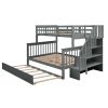 Stairway Twin-Over-Full Bunk Bed with Twin size Trundle, Storage and Guard Rail for Bedroom, Dorm, for Adults, Gray(OLD SKU :LT000119AAE)