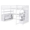 Full Size Loft Bed with Desk and Shelves, Two Built-in Drawers, Storage Staircase, White