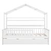 Wooden Twin Size House Bed with Trundle,Kids Bed with Shelf, White