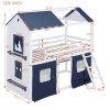 Twin Size Bunk Wood House Bed with Elegant Windows, Sills and Tent, Blue+White