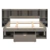 Queen Size Wood Platform Bed with Multi-storage Headboard and a Drawer, Gray