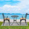 3 Piece Bistro Table Set Cast Aluminum Outdoor Patio Furniture with Umbrella Hole and Grey Cushions for Patio Balcony, Black