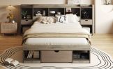 Queen Size Wood Platform Bed with Multi-storage Headboard and a Drawer, Gray