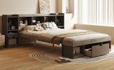 Queen Size Wood Platform Bed with Multi-storage Headboard and a Drawer, Gray