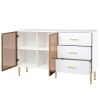 Modern Sideboard MDF Buffet Cabinet Marble Sticker Tabletop and Amber-yellow Tempered Glass Doors with Gold Metal Legs & Handles (White)