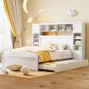 Queen Size Wooden Bed With All-in-One Cabinet, Shelf and Sockets,Twin XL Trundle,White