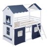 Twin Size Bunk Wood House Bed with Elegant Windows, Sills and Tent, Blue+White