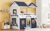 Twin Size Bunk Wood House Bed with Elegant Windows, Sills and Tent, Blue+White