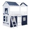 Twin Size Bunk Wood House Bed with Elegant Windows, Sills and Tent, Blue+White