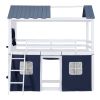 Twin Size Bunk Wood House Bed with Elegant Windows, Sills and Tent, Blue+White