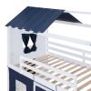 Twin Size Bunk Wood House Bed with Elegant Windows, Sills and Tent, Blue+White