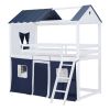 Twin Size Bunk Wood House Bed with Elegant Windows, Sills and Tent, Blue+White