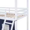 Twin Size Bunk Wood House Bed with Elegant Windows, Sills and Tent, Blue+White