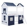 Twin Size Bunk Wood House Bed with Elegant Windows, Sills and Tent, Blue+White