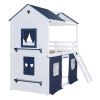 Twin Size Bunk Wood House Bed with Elegant Windows, Sills and Tent, Blue+White