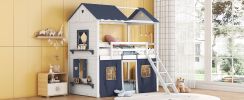 Twin Size Bunk Wood House Bed with Elegant Windows, Sills and Tent, Blue+White