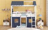 Twin Size Bunk Wood House Bed with Elegant Windows, Sills and Tent, Blue+White