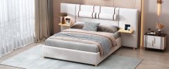 Queen Size Upholstered Platform Bed, Two Outlets and USB Charging Ports on Both Sides, Two Bedside Pillows, Storage Shelves,Velvet, Beige