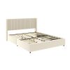 Anna Patented 2-Drawer Storage Bed Queen Size Ivory Velvet Upholstered Wingback Platform Bed, Modern Design Headboard with Tight Channel, Wooden Slat