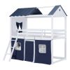 Twin Size Bunk Wood House Bed with Elegant Windows, Sills and Tent, Blue+White