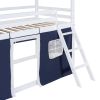 Twin Size Bunk Wood House Bed with Elegant Windows, Sills and Tent, Blue+White