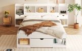 Queen Size Wood Platform Bed with Multi-storage Headboard and a Drawer, White(Expected Arrival Time: 6.16)