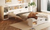 Queen Size Wood Platform Bed with Multi-storage Headboard and a Drawer, White(Expected Arrival Time: 6.16)