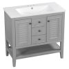 36" Bathroom Vanity with Ceramic Basin, Two Cabinets and Drawers, Open Shelf, Solid Wood Frame, Grey (OLD SKU: SY999101AAE)