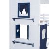 Twin Size Bunk Wood House Bed with Elegant Windows, Sills and Tent, Blue+White