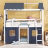 Twin Size Bunk Wood House Bed with Elegant Windows, Sills and Tent, Blue+White