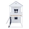 Twin Size Bunk Wood House Bed with Elegant Windows, Sills and Tent, Blue+White